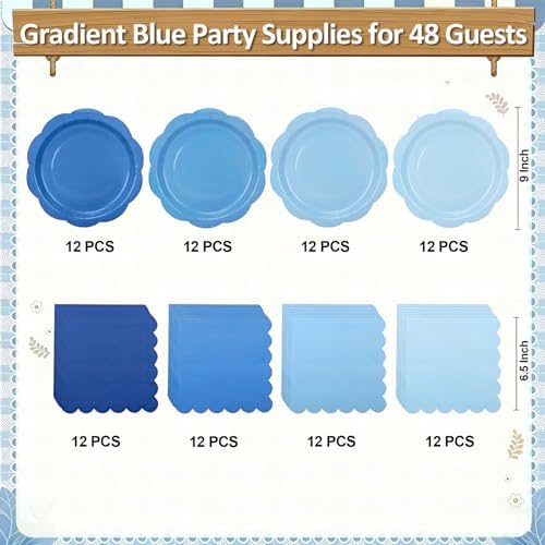 96Pcs Blue Plates and Napkins Party Supplies,Gradient Blue 9inch Plate and Napkin Tableware Set for Baby Shower Wedding Birthday Decorations Serves 48 Guests - Image 3