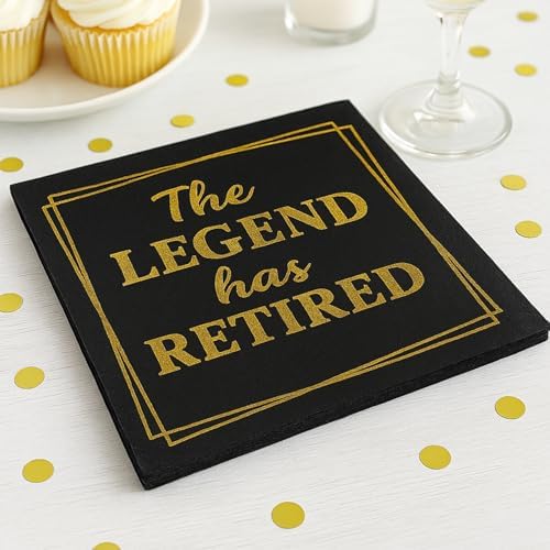 50‑Pack ‘The Legend Has Retired’ Black & Gold Napkins – 2‑Ply Cocktail, Lunch & Dinner Party Napkins – Elegant, Disposable Retirement Party Decoration – 6.5″ x 6.5″ Folded (Large, 50, Pack) - Image 3