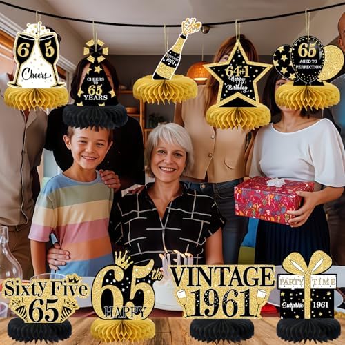 9Pcs 65th Birthday Decorations Honeycomb Centerpieces for Men Women, Black Gold Happy 65th Birthday Centerpieces Tables Toppers Party Decorations Supplies, Vintage 1961 Aged Table Sign Decor - Image 6