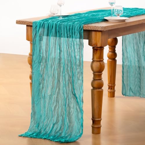 DeZerlor Teal Green Cheesecloth Table Runners 4 Pack Summer Boho Runners - Image 5