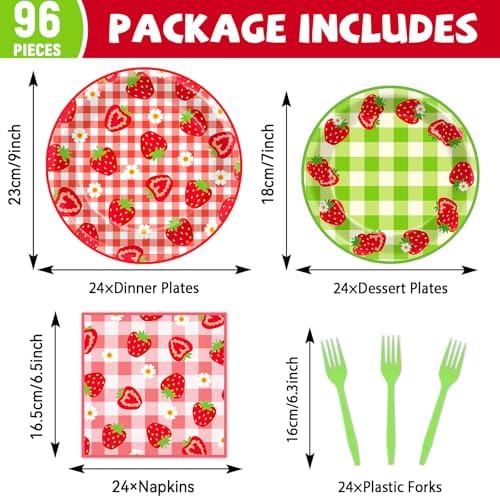 96Pcs Strawberry Party Plates and Napkins Birthday Party Supplies Spring Summer Fruit Paper Dessert Plates Strawberry Themed Tableware Set Disposable for 24 Guests 1st Birthday Party Decorations - Image 2