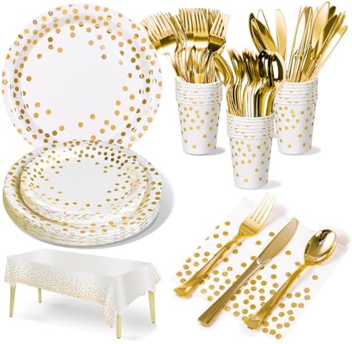 Nkaiso 141Pcs White Gold Paper Plates and Napkins Party Supplies for20 by Nkaiso