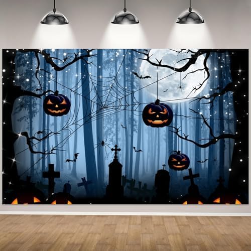 Misty Forest Backdrop Dark Spooky Halloween Eve Full Moon Blue Black Horror Spider Cemetery Hanging Pumpkins Background Photography Studio Photo Booth Props 5x3ft by CRTPODHomeDecor