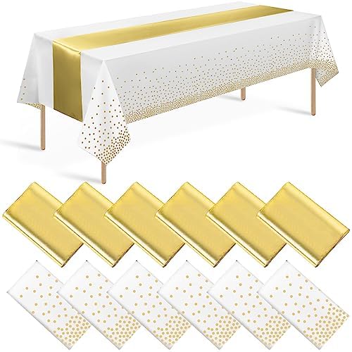 12 Pack White and Gold Tablecloth and Table Runner Set Party Decorations, White and Yellow Gold Plastic Disposable Tablecloth and Satin Table Runner for Wedding Birthday Graduation Anniversary Party by Zachely