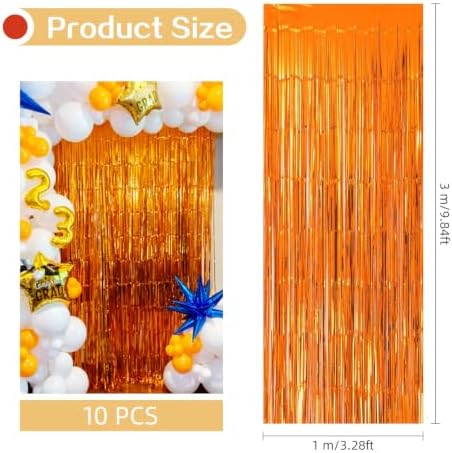 10 Pack Orange Foil Curtain Backdrop 3.2ft x 9.8ft Metallic Tinsel Foil Fringe Curtains Streamer Photo Booth Backdrop for Birthday Party Halloween Christmas New Year Party Supply (Orange) - Image 3