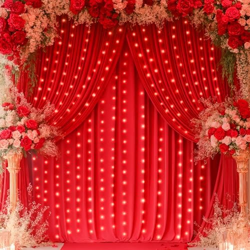 Red Backdrop Curtains with Lights for Parties,10x10FT Wrinkle Free Red Photo Backdrop Curtains for Wedding Baby Shower Birthday Ceremony Reception New Year Decorations-5ft x 10ft,2 Panels by Partisky