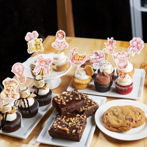 Gyufise 40Pcs Baby Boy Cupcake Toppers Baby Shower Decorations for Boys Balloon Star Moon Bear It's a Girl Cupcake Picks for Baby Shower Kids Girls Birthday Party Supplies Deep Pink - Image 6