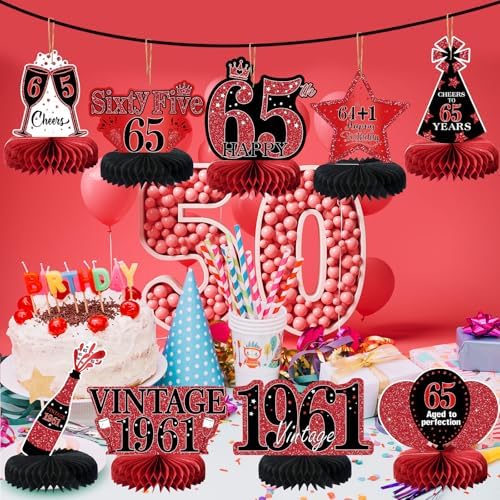 9Pcs 65th Birthday Decorations Red and Black 65th Birthday Party Decorations for Women,Happy 65 Years Vintage 1961 Aged Honeycomb Centerpieces Table Sign Decor Supplies - Image 4