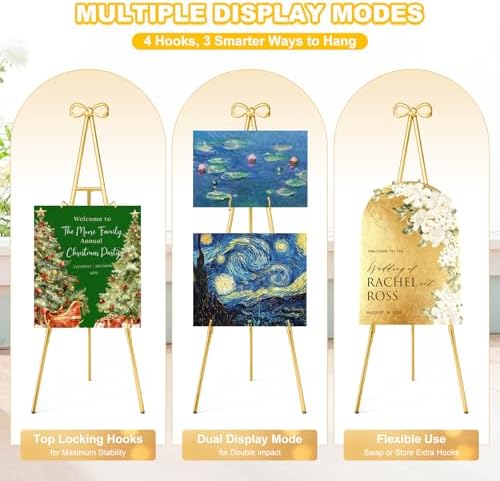 Interchangeable Bow & Star Top Gold Easel Stand for Sign, 62"–47" Height Adjustable Heavy Duty Wedding Easel Stand with 3 Display Modes — Perfect for Welcome Signs, Christmas Decor, Parties & Events - Image 6