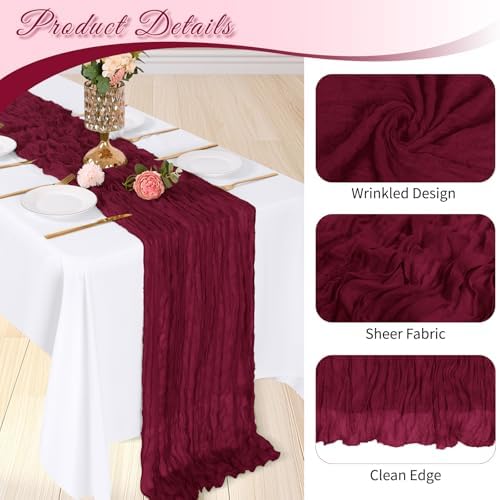 6 Pack Burgundy Cheesecloth Table Runner, 17 x 108 inch, Semi Sheer Boho Cheese Cloth Fabric Table Runner Bulk for Wedding, Birthday, Party, Holiday, Home Decor (Burgundy) - Image 4