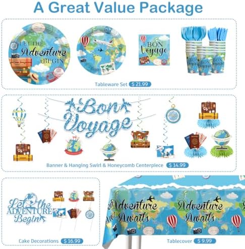 205pcs Bon Voyage Party Decorations Tableware Set, for 25 Guests - Image 3