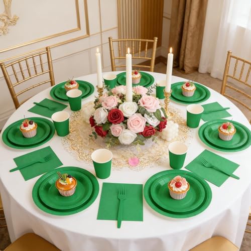 Green Plates and Napkins Party Supplies, Disposable 9’’ Dark Green Paper Plates, 7’’ Dessert Plates Cups Napkins Party Decorations for Christmas, Birthday, Baby Shower, St Patricks, Serves 25 - Image 5