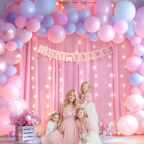 Pink Backdrop Curtain with Lights String for Parties,10x10FT Wrinkle Free Polyester Wedding Photo Backdrop Drapes for Baby Shower Birthday Ceremony Reception Home Party Decorations-5ft x 10ft,2 Panels - Image 2
