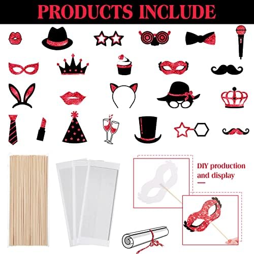 Zonon 24 Pcs Photo Booth Props Set Black Gold Birthday,Red and Black - Image 2