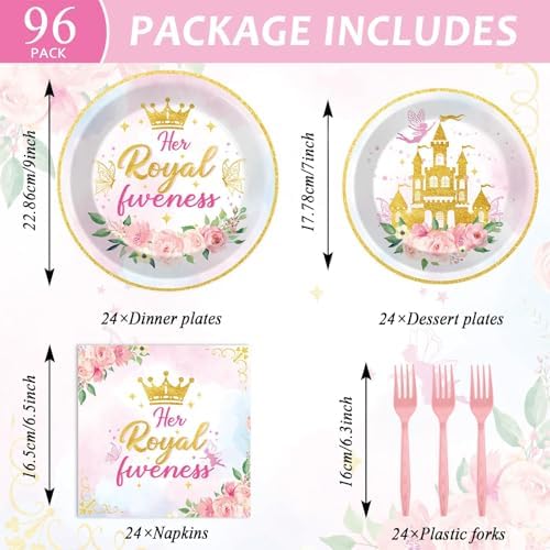 CHUNNIN 96Pcs Princess 5th Birthday Plates and Napkins Her Royal Fiveness Decorations Princess Party Dessert Plates Rainbow Castle Tableware for 24 Guests 5th Theme Girl Baby Shower Party Supplies - Image 2