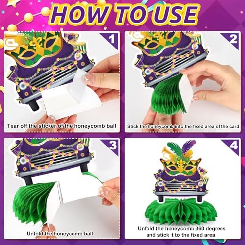 Mardi Gras Party Decorations,9 Pcs Mardi Gras Honeycomb Table Decor,Double Side Mask Crown Table Centerpieces for Carnival Holiday Masquerade New Orleans Party Supplies Decorations - Image 3