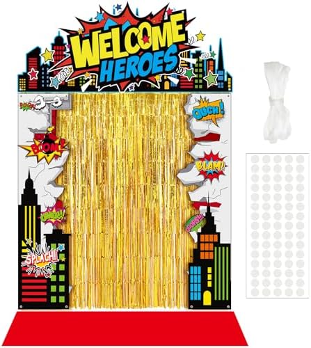 VitalCozy 7 Pcs Hero Party Backdrop Banner Gold Fringe Curtain Decor by VitalCozy