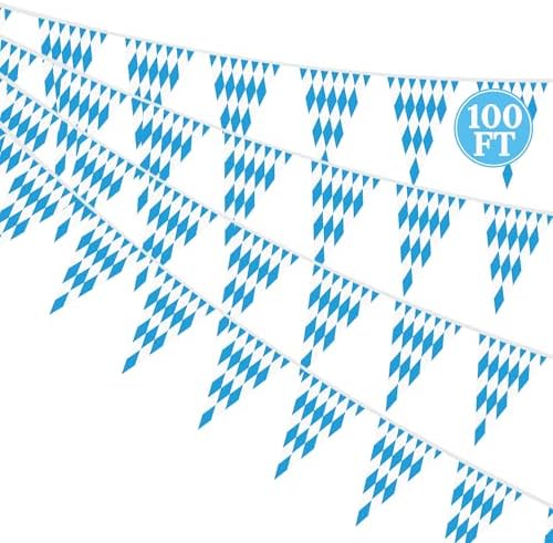 100 FT Oktoberfest Party Decorations Blue White Checkered Banner Flags by Heartome