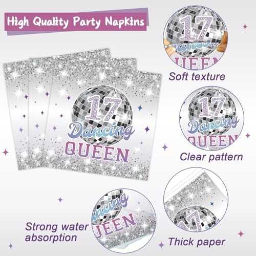 CHUNNIN 96Pcs Dancing Queen Plates and Napkins for 17 Birthday Party Decorations for Girls Silver 17 Year Old Dessert Plates Dancing Queen Tableware Set for 24 Guests 17 Birthday Party Supplies - Image 4