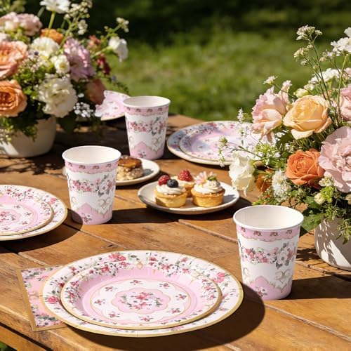 96 PCS Floral Paper Plates, Pink and Green Vintage Floral Paper Plates and Napkins Party Supplies for Birthday Bridal Shower Picnic Tea Time, Serve for 24 Guests - Image 5