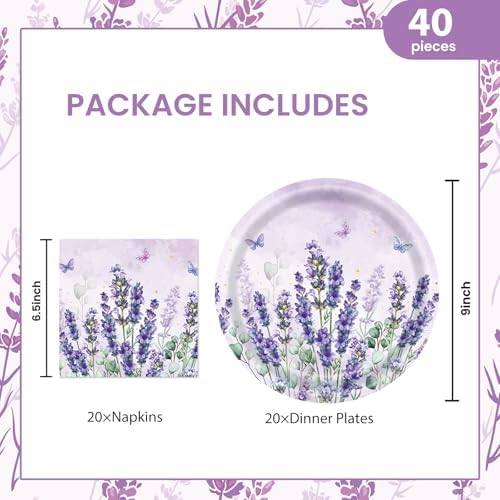 40Pcs Lavender Paper Plates & Napkins-Floral Cake Dessert Tableware - Image 2