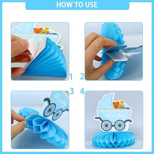 Gyufise 9Pcs Baby Shower Decorations Honeycomb Table Centerpieces Pacifier Welcome Baby Boy Table Toppers It's a Boy Honeycomb Centerpiece Decro for Gender Reveal Baby Shower Boys Birthday Party Blue - Image 3