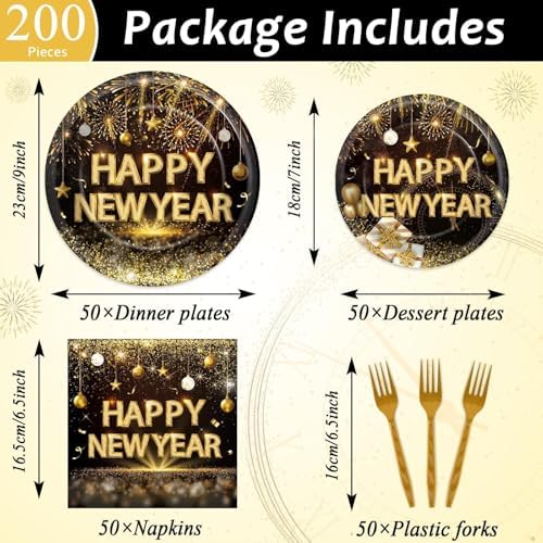 Qyeahkj 200 Pcs Happy New Years Plates and Napkins Party Supplies Black and Gold 2026 New Year's Eve Disposable Tableware Set with Paper Plates Napkins for NYE Party Celebration Decoration Serves 50 - Image 2