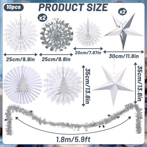 Christmas Snowflake Decorations, White Paper Snowflakes Hanging Decor, Winter Wonderland Snowflake Paper Fans, Silver Paper Stars, Tinsel Garland for Xmas Wall Backdrop Frozen Birthday Party Supplies - Image 2