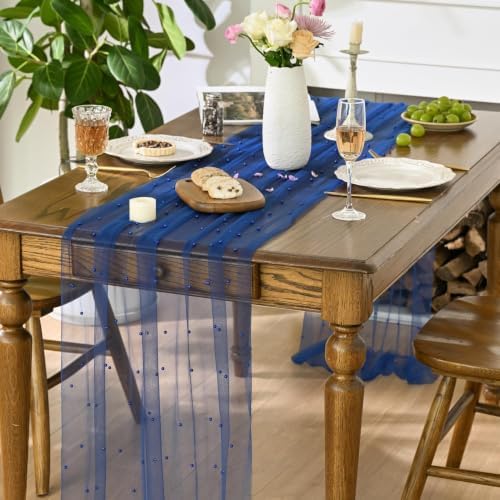 Artoid Mode Pearl Dark Bule Gauze Table Runner 59x120 Inch Home Decor - Image 2