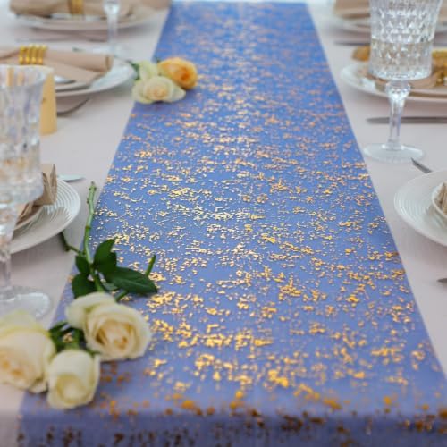 2 Pcs Royal Blue Gold Table Runner, Glitter Metallic Foil Mesh Roll 108" - Image 4