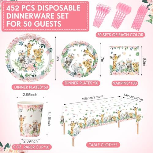 Funnymoom 452 Pcs Safari Birthday Party Supplies Include Jungle Theme Paper Plates Napkins Cups Tablecloth Cutlery Straws for Animal Safari Jungle Wild Birthday Baby Shower Party Decorations - Image 3