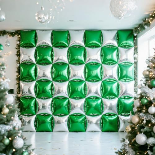 NISOCY 25PCS Green and Silver Square Foil Balloons Wall Backdrop - Image 5