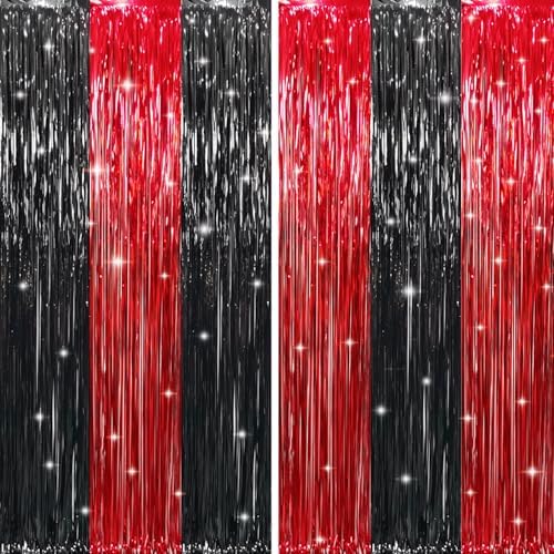 GOER 6.4 ft x 8.2 ft Metallic Tinsel Foil Fringe Curtains,Pack of 2 Party Streamer Backdrop for Birthday,Graduation Decorations and New Year Eve (Black&Red) by GOER
