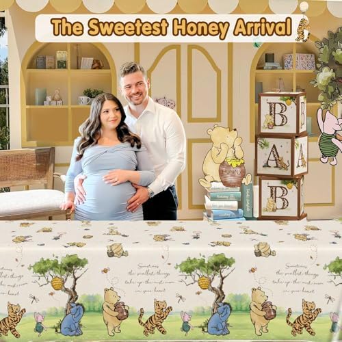 3Pcs Classic Winnie Bear Baby Shower Birthday Decorations Quotes Table Cloths, Neutral Rectangle 54 x 108Inch Disposable Vintage Pooh Bear Tablecloths for Winnie Gender Reveal 1st Birthday Decorations - Image 2