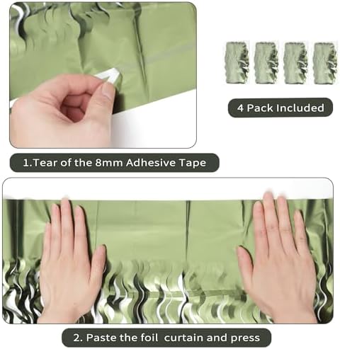 4 Pack Wavy Olive Green Streamers Backdrop Jungle Party Decorations - 3.3x6.6ft Foil Fringe Curtains Photo Booth for Dinosaur Animal St Patrick's Day Football Decor - Image 3