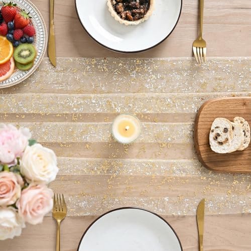 Artoid Mode Gold Gauze Champagne Table Runner 120 Inch 10FT, Glitter Metallic Foil Sheer Dining Wedding Anniversary Holiday Birthday Table Decor for Home Party - Image 3