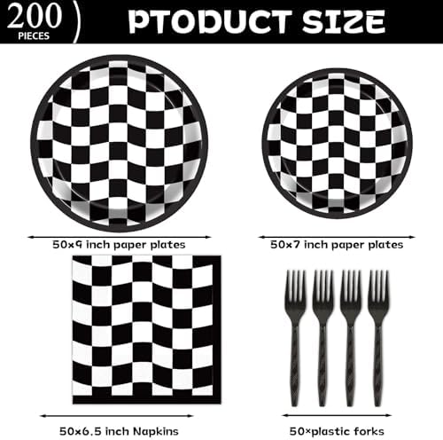 200 PCS Black and White Checkered Party Plates Napkins Race Car Birthday Cake Tableware Set for Checkered Flag Disposable Dessert Plates Forks Decor Serve 50 Guests for Racing Party Favor Supplies - Image 2