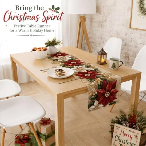 Christmas Decorations - Elegant Red White Poinsettia Gold Leaf Table Runner - Image 5