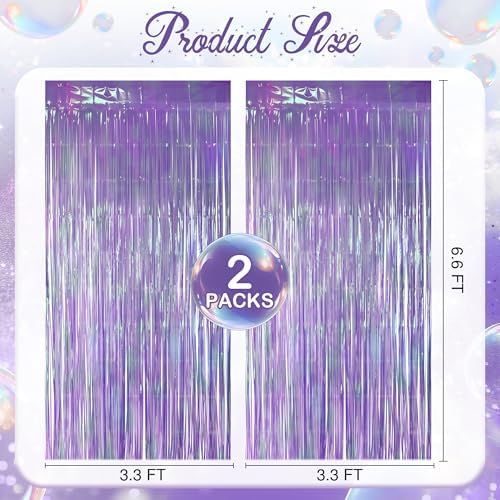 2 Pack Purple Iridescent Streamers Backdrop, 3.3x6.6ft Foil Fringe Curtains Lavender Holographic Door Tinsel Streamers for Birthday, Wedding, Holiday, Bachelorette, Theme Party Decorations - Image 2