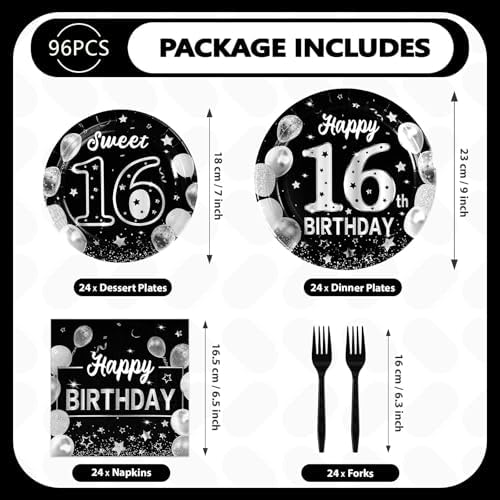 Grencian 96 Pcs Silver Black 16th Birthday Party Decorations, Serves 24 - Image 2