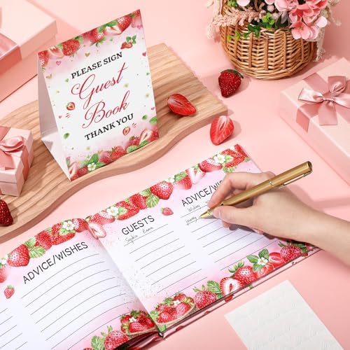 Fuyoooo Strawberry Baby Shower Guest Book with Gold Pen - Image 6