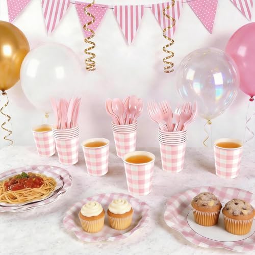 168Pcs Pink Gingham Scalloped Paper Plates and Napkins Set for 24 Guests - Image 2