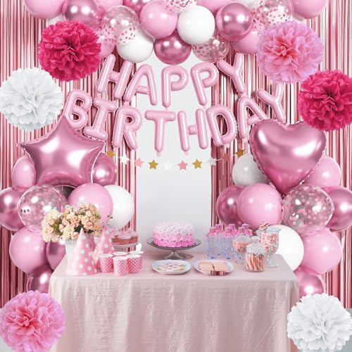 Pink Birthday Decorations for Girls, Pink White Party Balloons Happy Birthday Banner Balloon Star Heart Foil Balloon Fringe Curtain Paper Pompom for Women Bday Party Supplies - Image 7