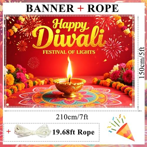 Diwali Backdrop Decorations 7x5ft Happy Diwali Banner Deepavali Festival of Lights Diyas for Home Party Supplies Photography Background Indoor Outdoor with19.68ft Ribbon - Image 2
