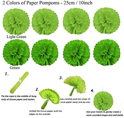 ZERODECO Party Decoration, 21 Pcs Green Hanging Paper Fans, Pom Poms Flowers, Garlands String Polka Dot and Triangle Bunting Flags for Golf Party Dinosaur Birthday Parties Arbor Day - Image 4