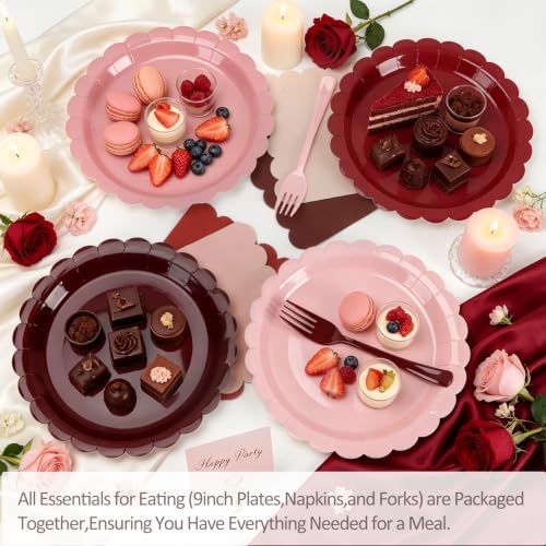 Pink and Burgundy Paper Plates and Napkins,Include Gradient 9inch Plates Napkins Forks Disposable Party Supplies for Baby Shower,Birthday,Wedding,Serves 24 - Image 4