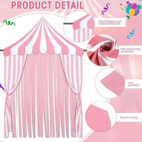 Breling 4 Pcs Carnival Circus Decor Backdrop Tent with Canopy, Pink White - Image 2