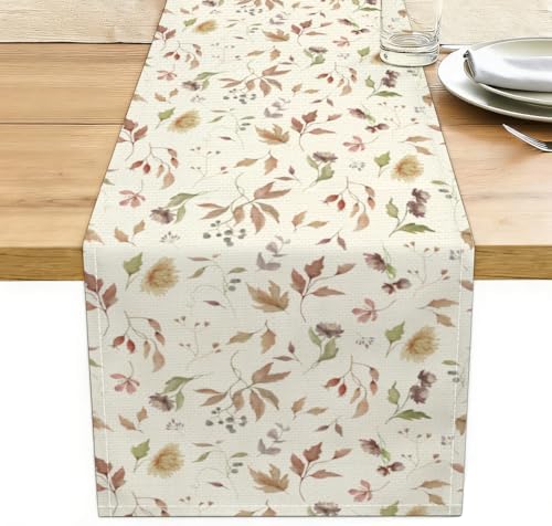 Floral Leaves Flower Table Runner, Wild Flowers and Leaves Seasonal Decor by Unknown