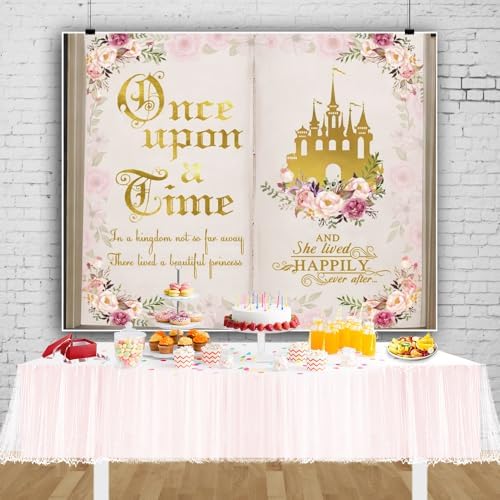 10x8ft Once Upon a Time Backdrop Fairy Tale Books Princess Girls Birthday Banner Decorations Pink Flower Gold Castle Background Fairytale Wedding Portrait Photo Booth Prop - Image 3