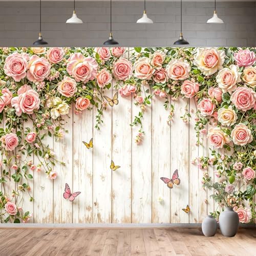 7X7ft Pink Roses Floral Backdrop Rustic Wooden Flowers Butterfly Photography Background Romantic Elegant Garden Wedding Bridal Shower Birthday Party Decorations Banner Studio Photo Booth Props - Image 4